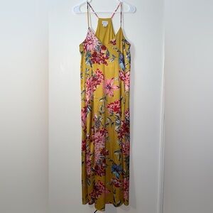 Nicole Miller Women’s Yellow Floral Satin Slip Racerback Maxi Dress
